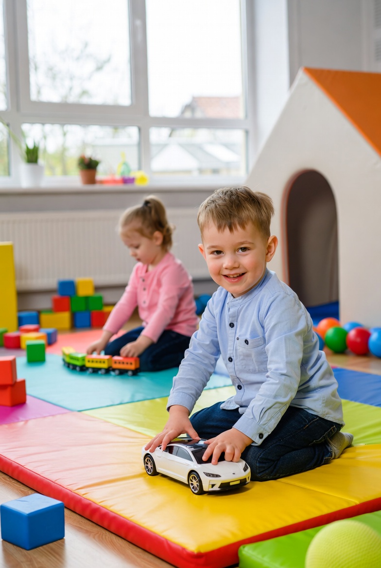 Dzieci bawiące się na kolorowej macie w żłobku